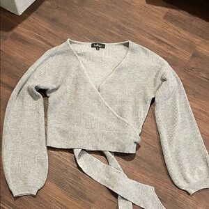 Lulu's Light Gray V-Neck Wrap Sweater